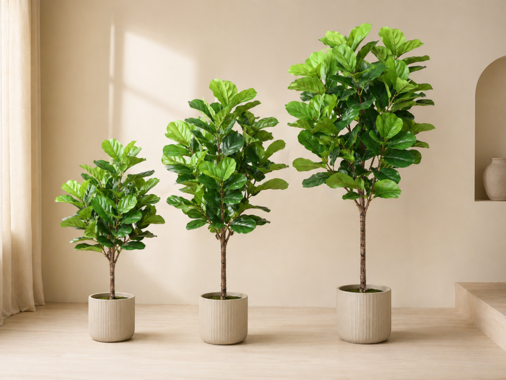 Faux fiddle leaf fig tree size options shown in different heights