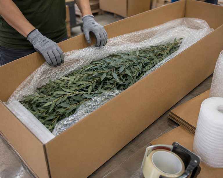 Faux tree branches carefully packed with protective materials inside a long cardboard box