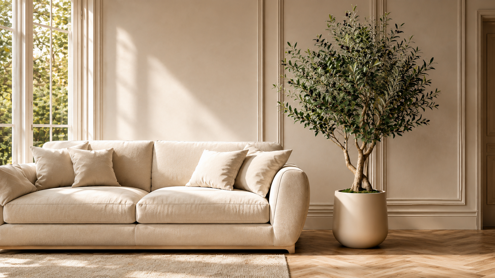 Faux eucalyptus tree styled beside a sofa in a warm neutral living room